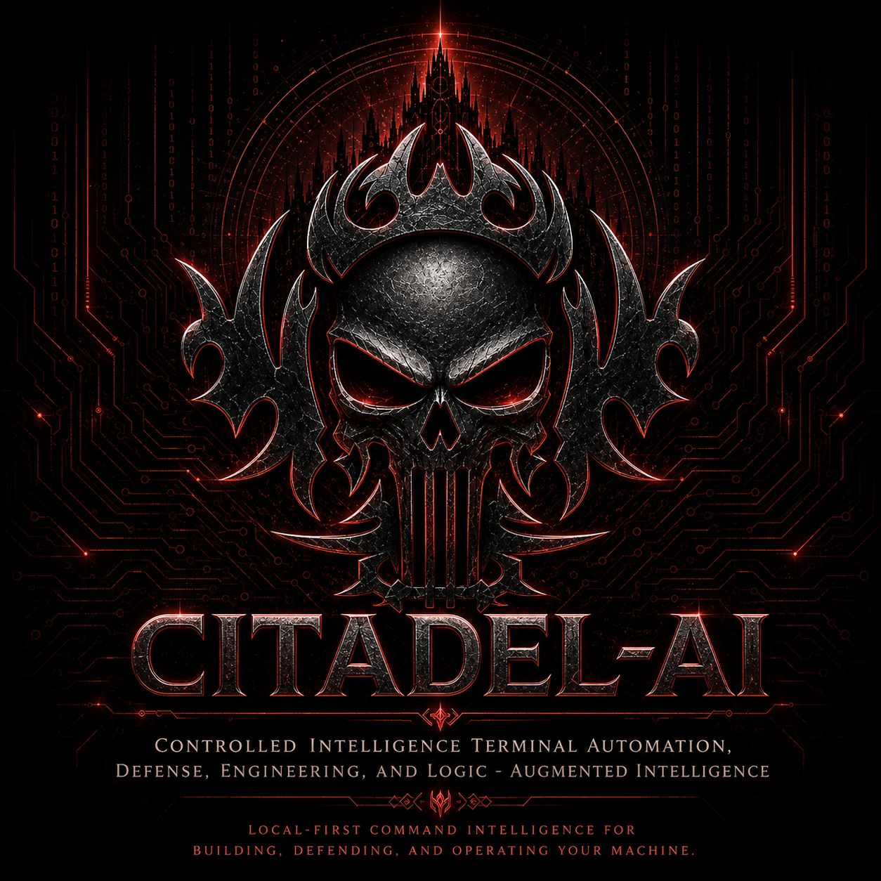 Citadel AI emblem: a crowned armored skull surrounded by red circuitry and a dark citadel